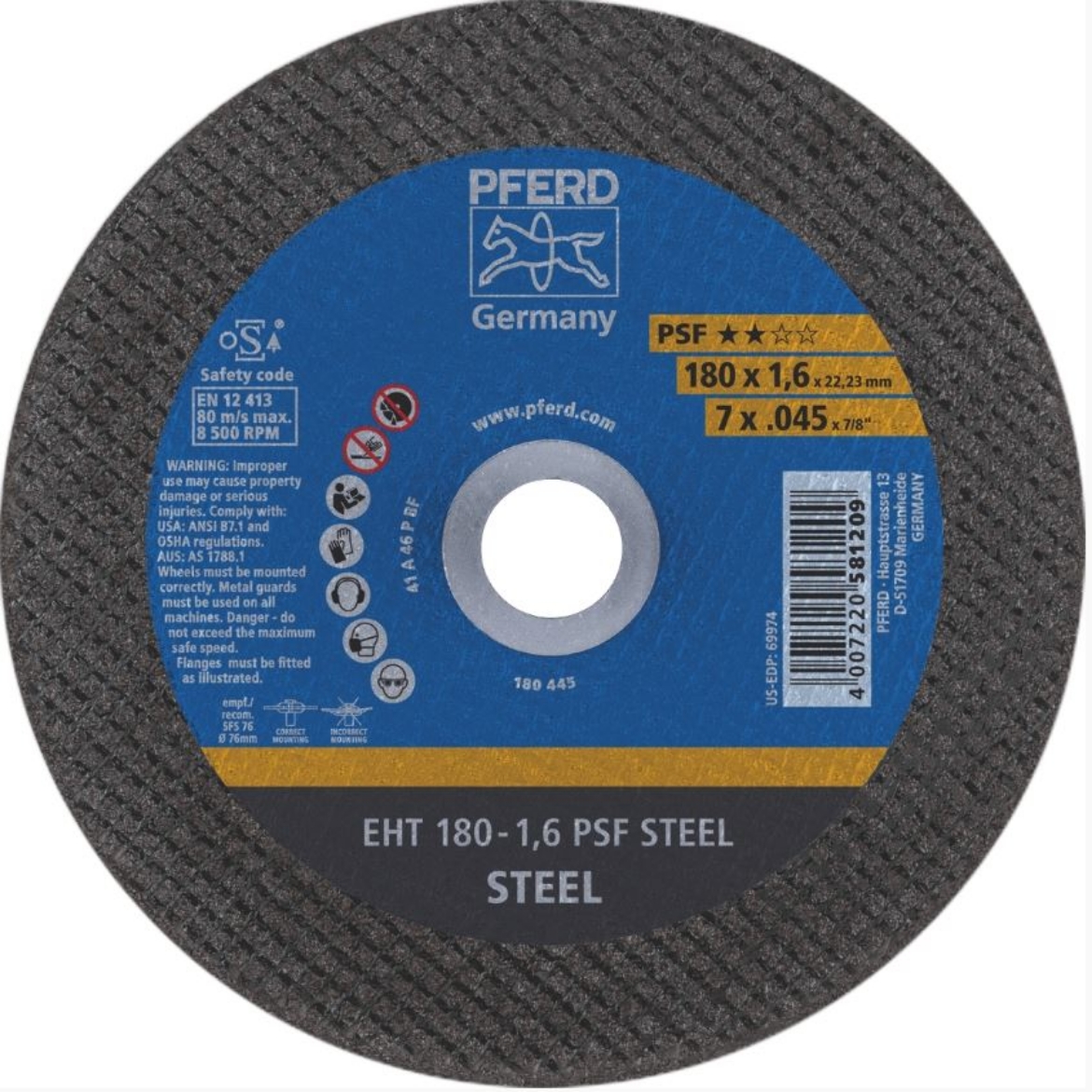 Picture of PFERD 7"/180MMX1.6MM CUT-OFF WHEEL GP STEEL EHT 180-1.6 PSF