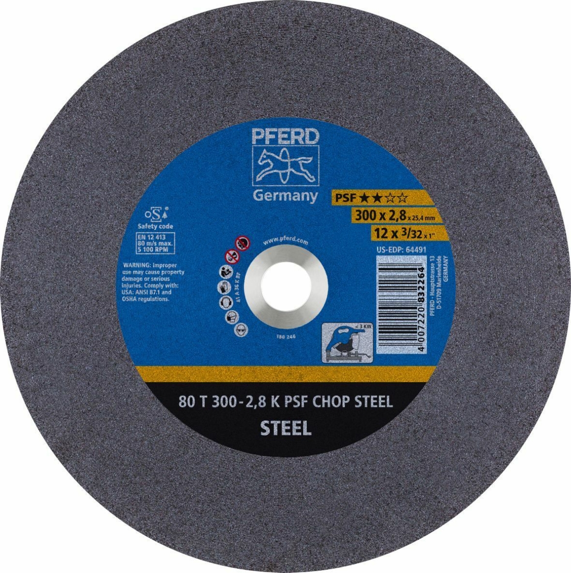 Picture of PFERD 12"X2.8MM CUT-OFF WHEEL LOW SPEED - GP - STEEL - 80 T 300-2.8 A 36 K PSF-CHOP BORE 25.4MM