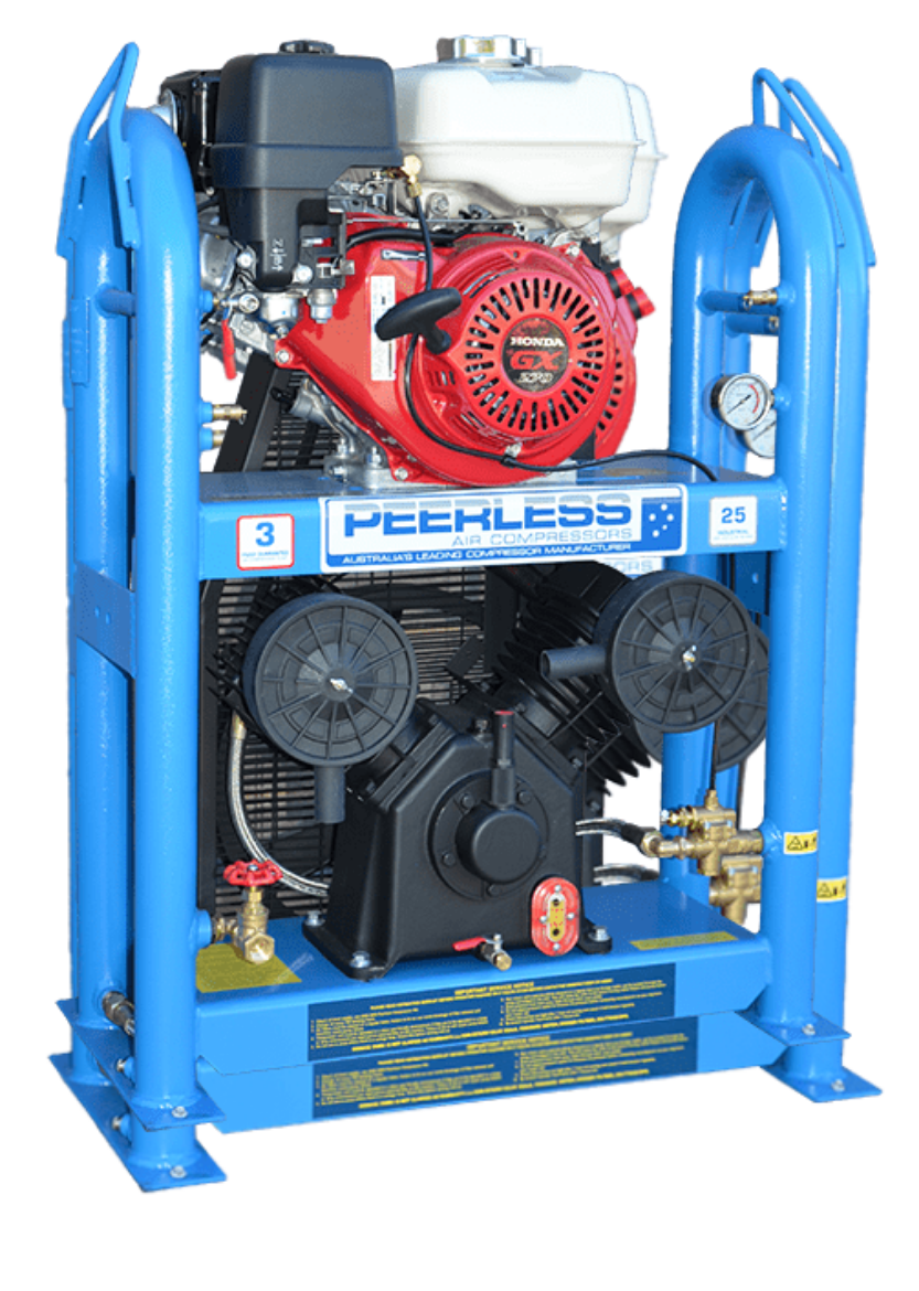 Picture of PEERLESS PV25PUOES PETROL COMPRESSOR, UNDER & OVER DESIGN, ELECTRIC START, BATTERY MF PTX14BS, 500MM X 10MM FLEX ORANGE FITTER, BELT DRIVE, HONDA GX270, 545LPM @ 100PSI