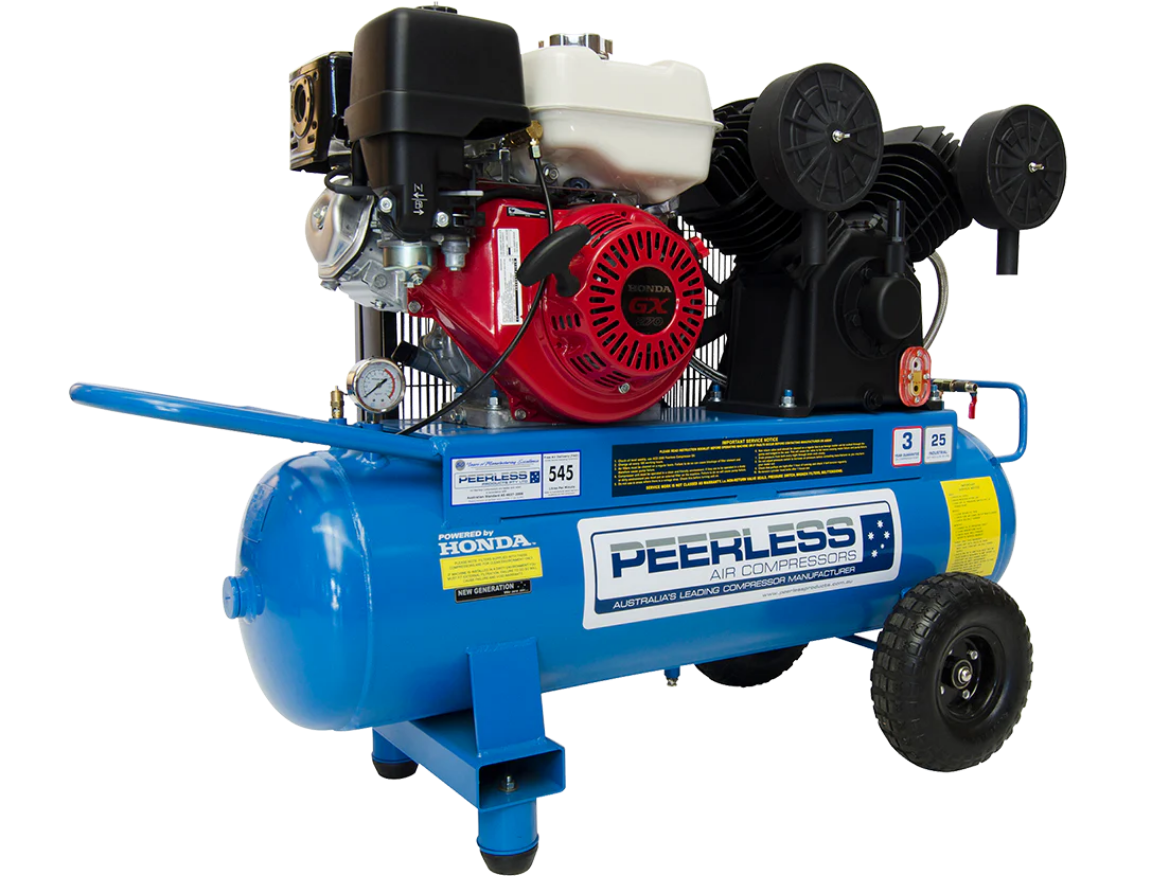 Picture of PEERLEXX COMPRESSOR PV25PES PETROL ELECTRIC START PORTABL, IDLER CONTROL, BELT DRIVE, HONDA GX270,  545LPM @ 100PSI, MAX 145PSI, 68L TANK