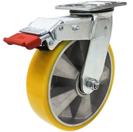 Picture of 200mm Crowned Polyurethane Tyred Aluminium Centred Wheel 600kg Capacity Swivel Castor with Swivel Lock & Brake , M3 Base Plate