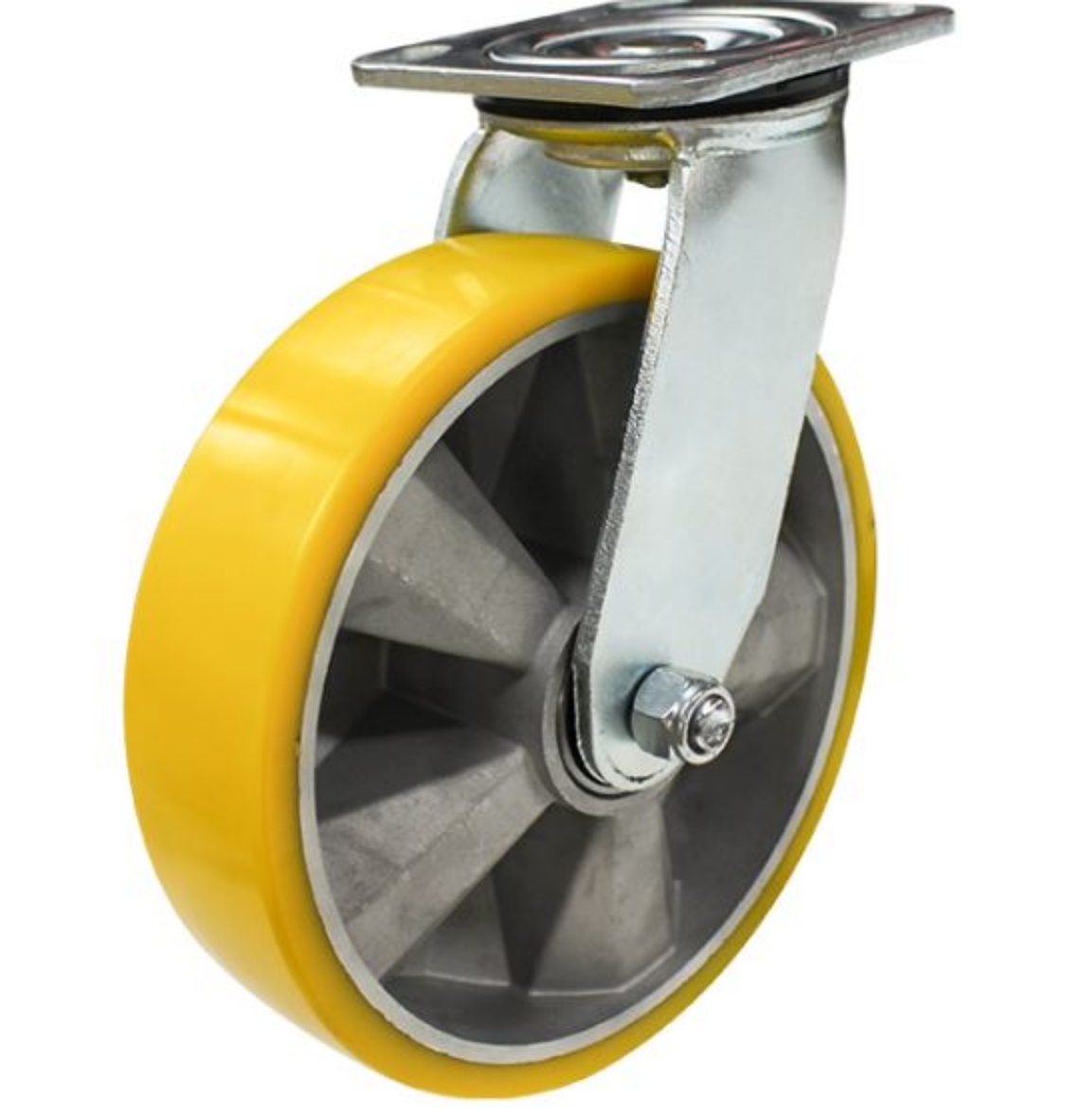 Picture of 200mm Crowned Polyurethane Tyred Aluminium Centred Wheel 600kg Capacity Swivel Castor , M3 Base Plate